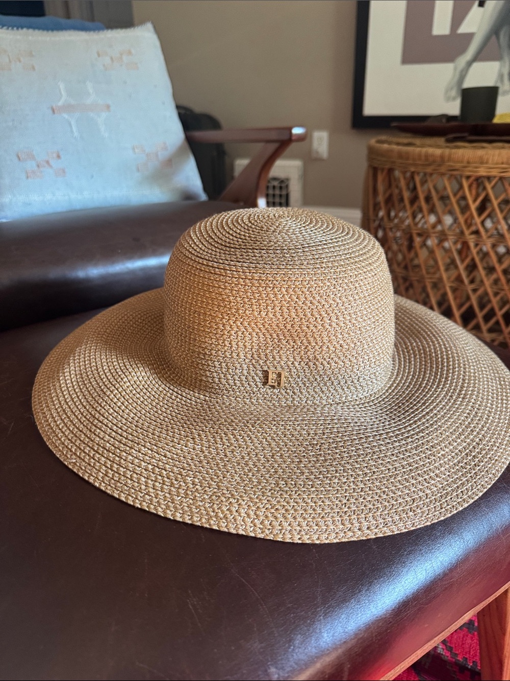 Eric Javits Straw Sun Hat with Gold Logo Accent - Beige - Hampton